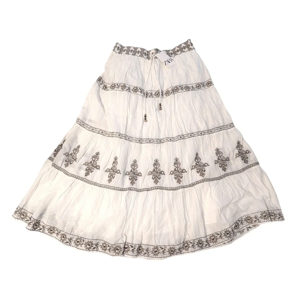 Zara Women White Embroidered Cotton Tiered Maxi Skirt XL 7521/280/712 Boho New